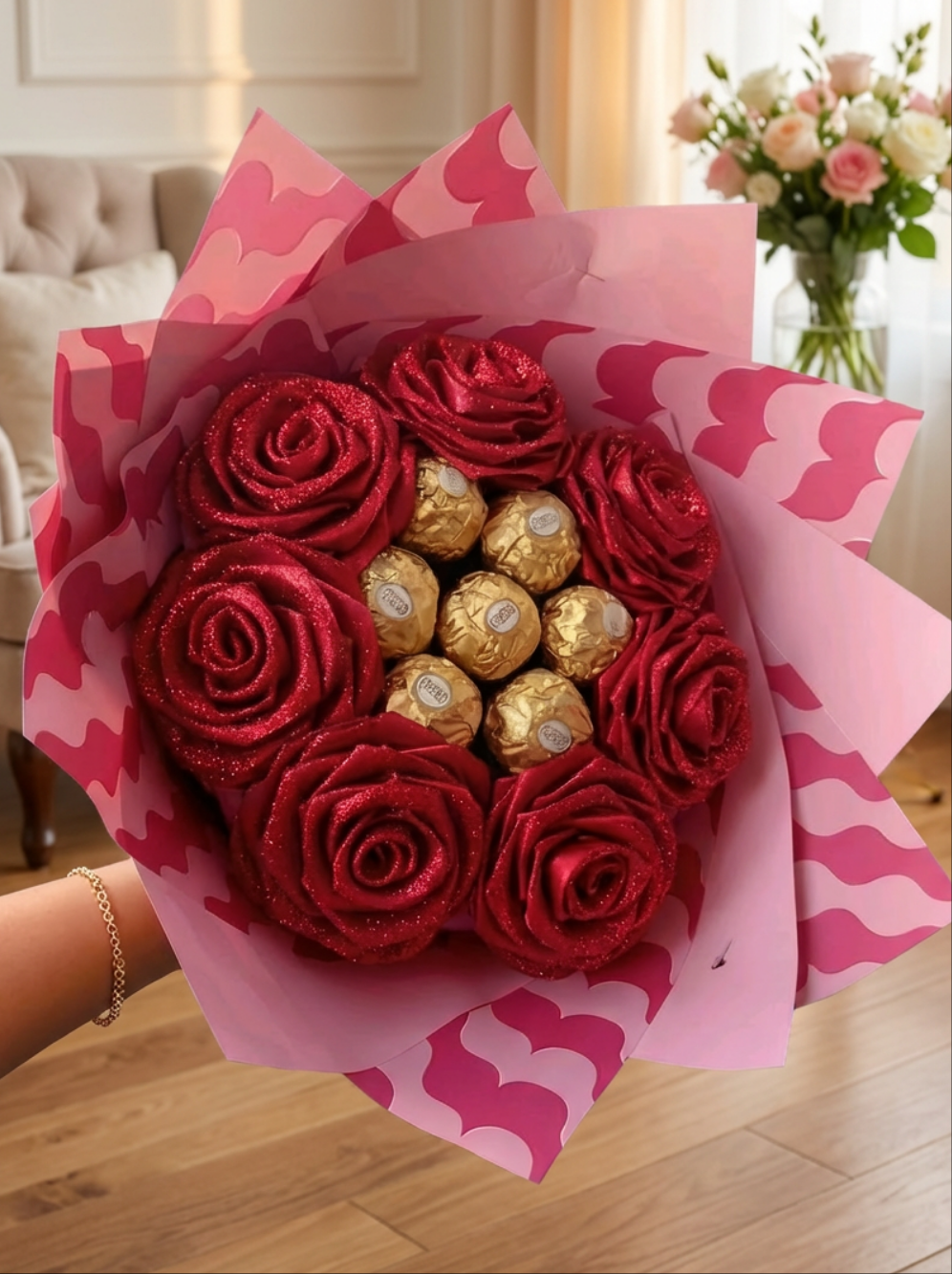 Eternal 7 Red Silk Roses with 7 Chocolates Bouquet โ Gift for Her | Handmade | Silk Ribbon Roses