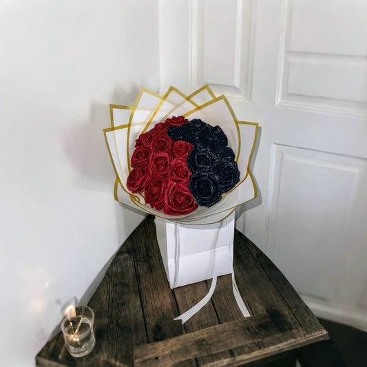 Eternal Red & Black Silk Rose Bouquet – Gift for Her | Handmade | Silk Ribbon Roses