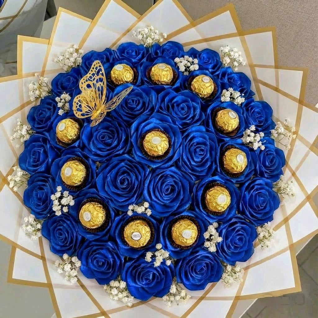 Eternal XXL 36 Blue Silk Roses with 12 Chocolates Bouquet โ Gift for Her | Handmade | Silk Ribbon Roses