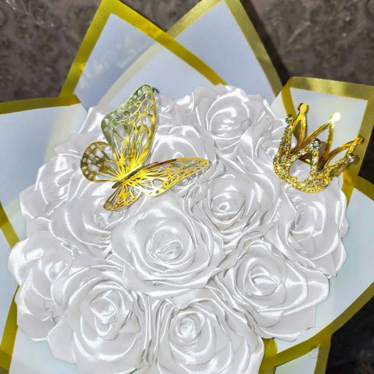 Eternal White Silk Bouquet – Gift for Her | Handmade | Silk Ribbon Roses | With Accessories