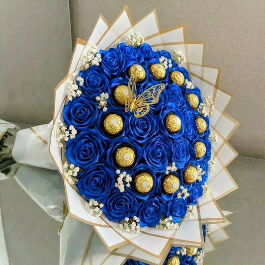 Eternal XXL 36 Blue Silk Roses with 12 Chocolates Bouquet – Gift for Her | Handmade | Silk Ribbon Roses