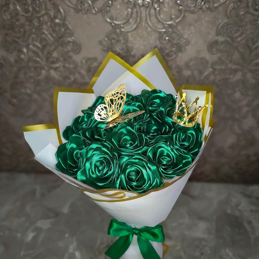 Eternal Green Silk Rose Bouquet – Gift for Her | Handmade | Silk Ribbon Roses | With Accessories