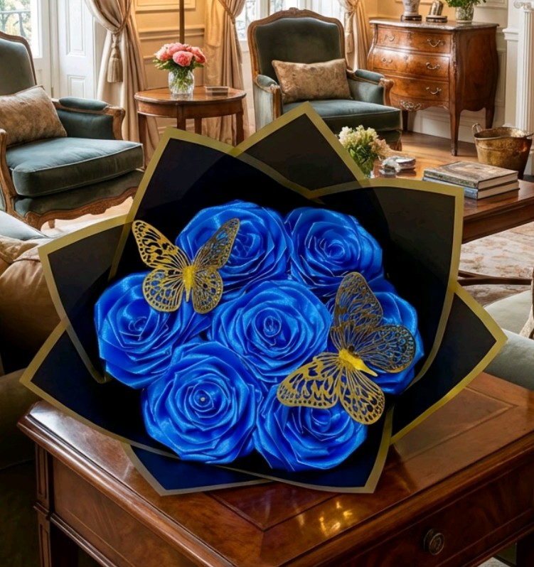 Eternal Blue Silk Rose Bouquet – Gift for Her | Handmade | Silk Ribbon Roses | With Accessories