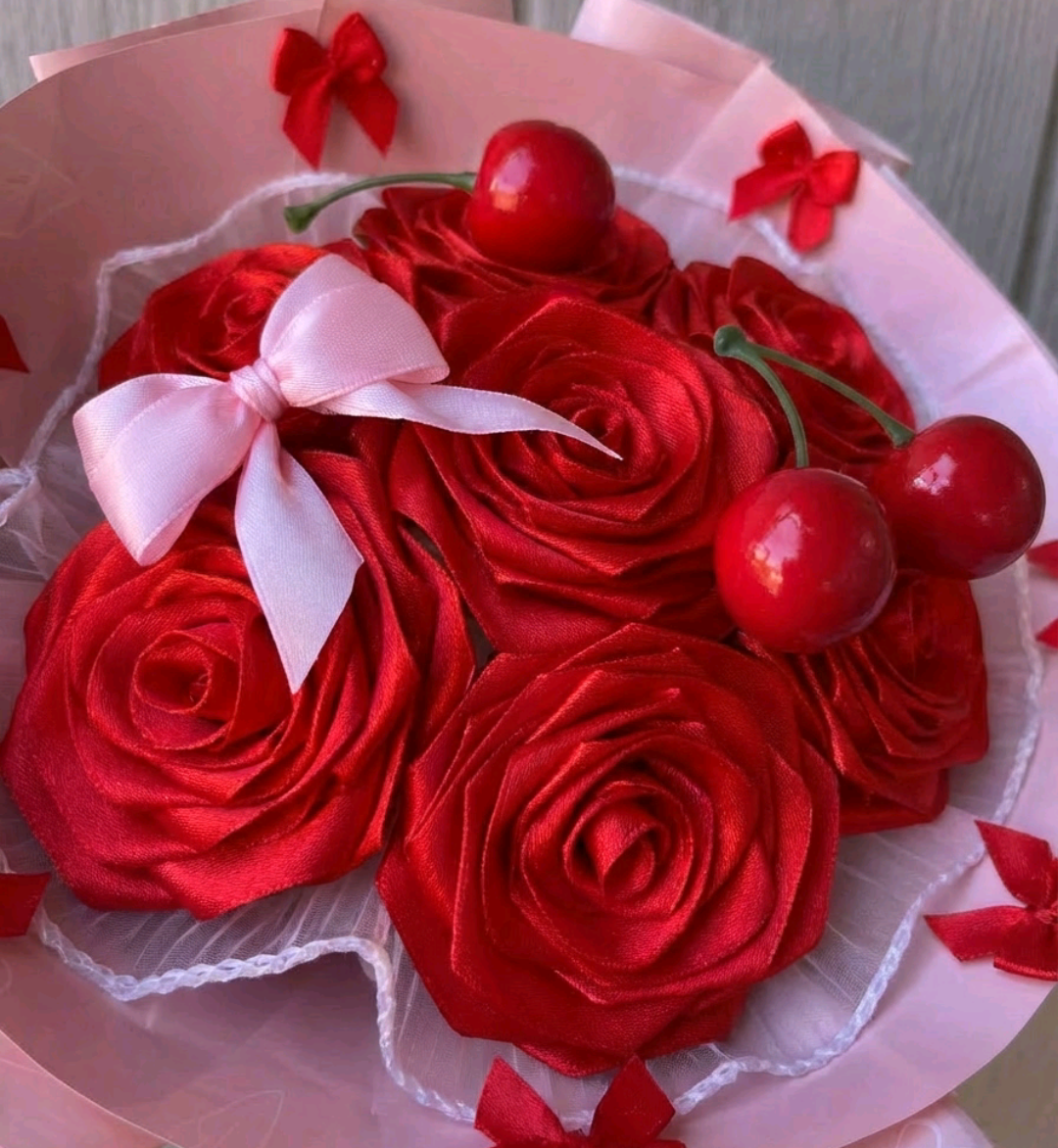 Eternal Cherry Red Silk Rose Bouquet – Gift for Her | Handmade | 7 Silk Ribbon Roses | With Accessories