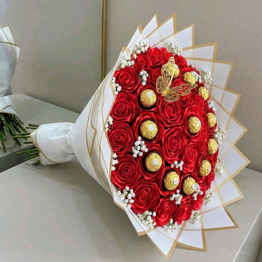 Eternal XXL 36 Red Silk Roses with 12 Chocolates Bouquet – Gift for Her | Handmade | Silk Ribbon Roses