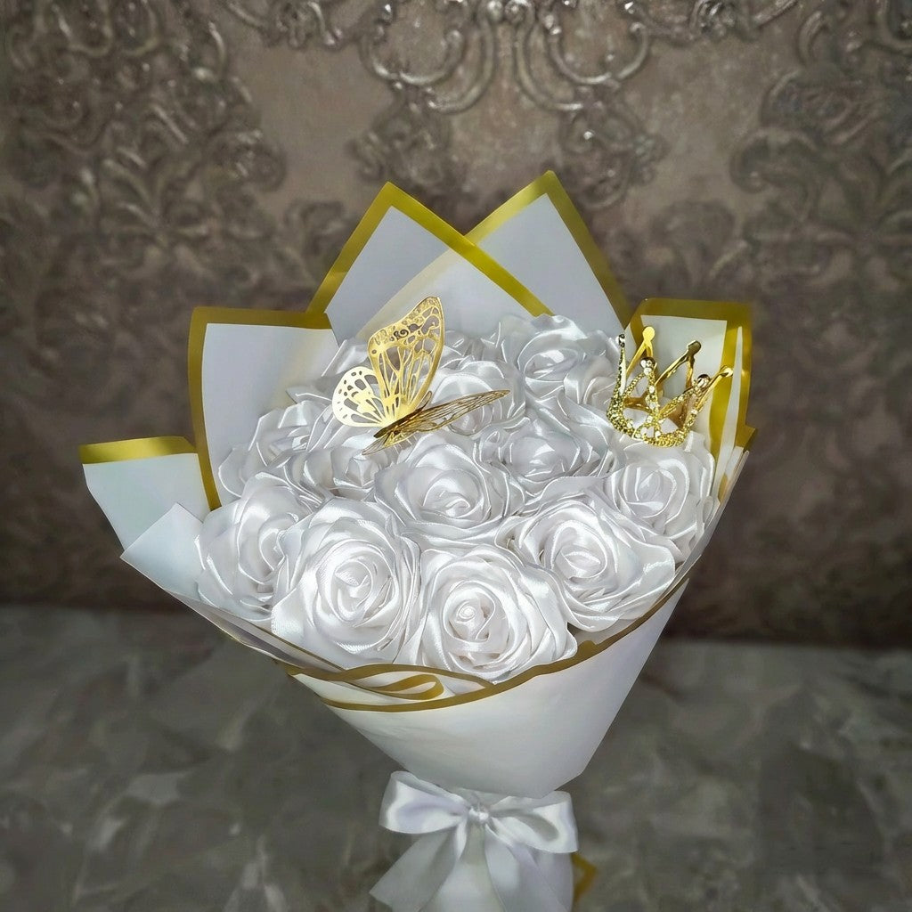 Eternal White Silk Bouquet – Gift for Her | Handmade | Silk Ribbon Roses | With Accessories