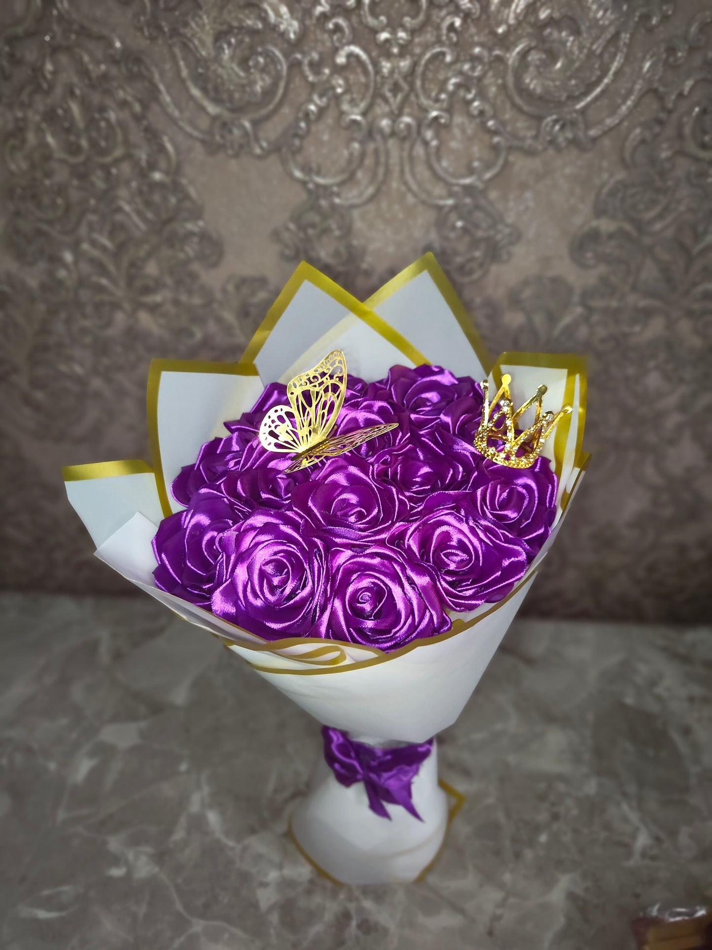Eternal Purple Silk Rose Bouquet – Gift for Her | Handmade | Silk Ribbon Roses | With Accessories
