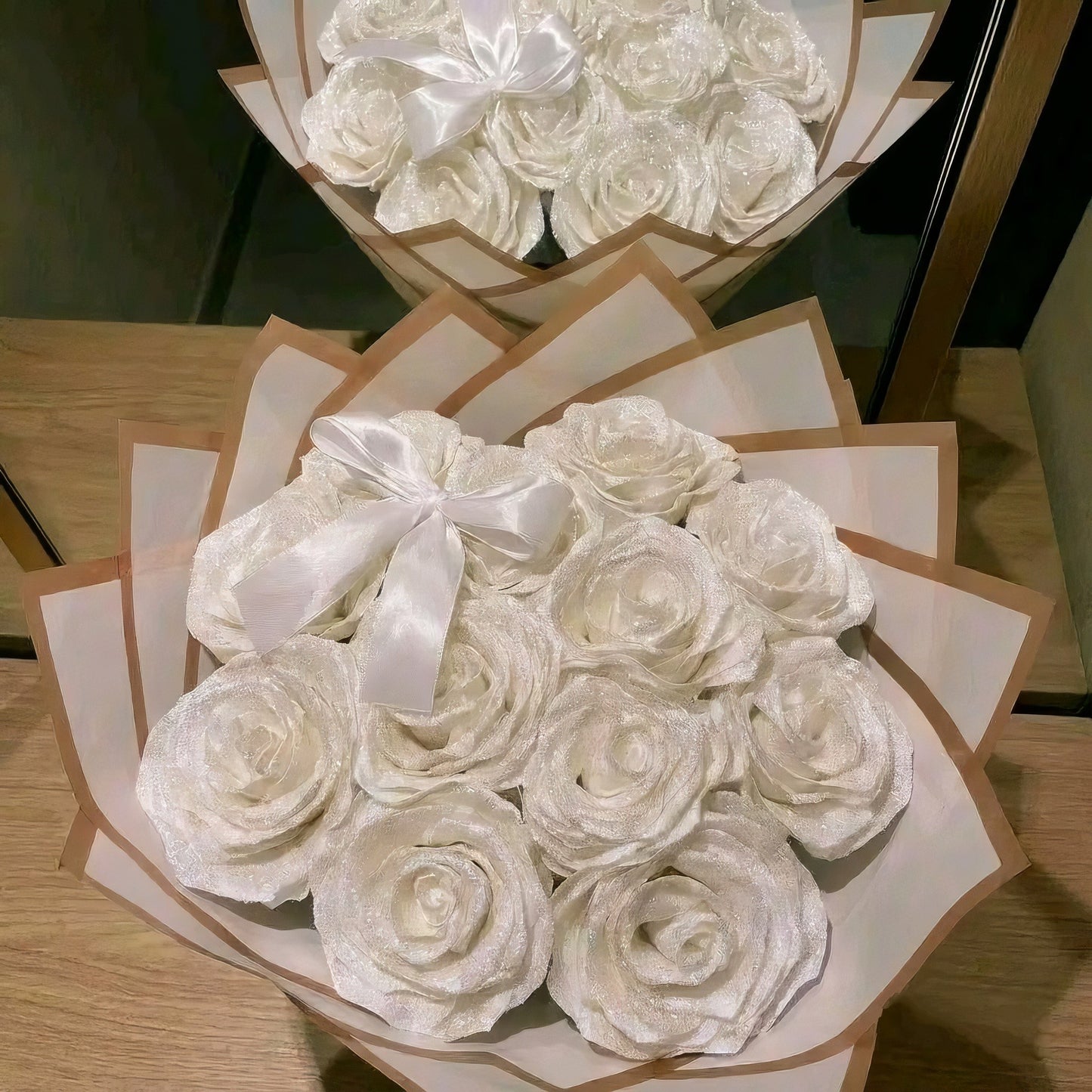 Eternal Ivory Silk Rose Bouquet with Bow Tie – Gift for Her | Handmade | Silk Ribbon Roses