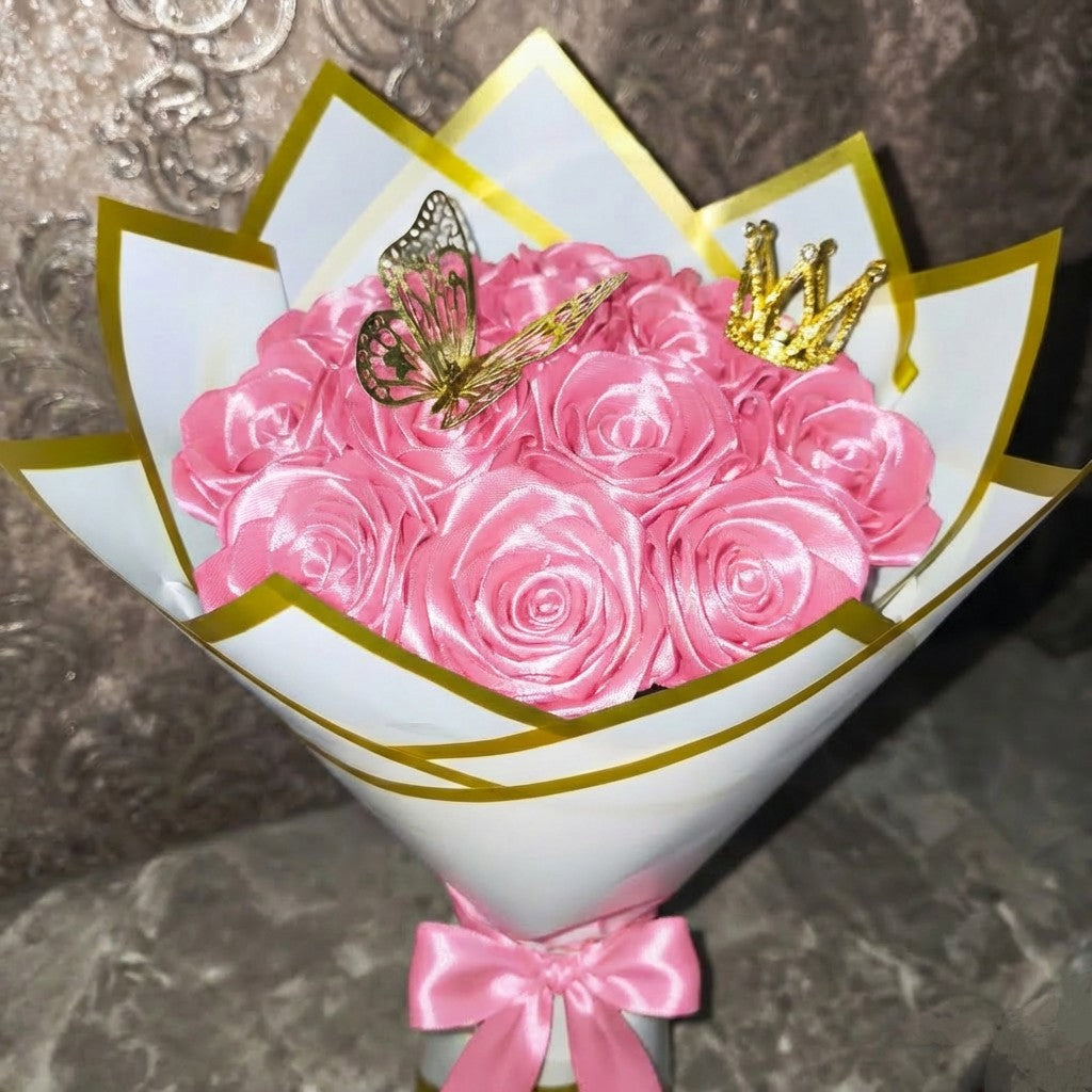 Eternal Pink Silk Rose Bouquet – Gift for Her | Handmade | Silk Ribbon Roses | With Accessories