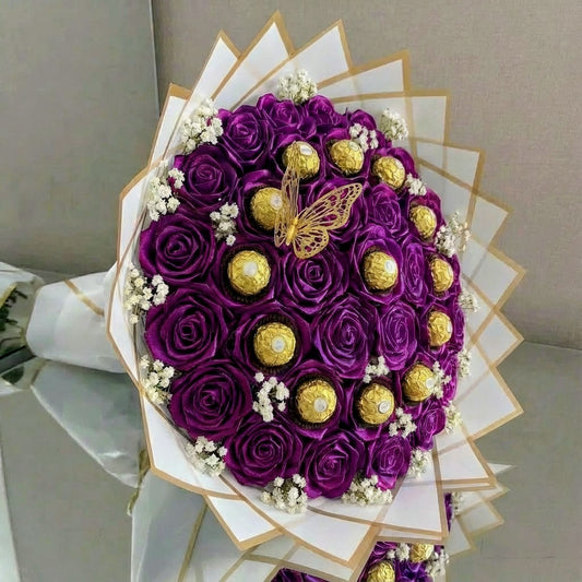 Eternal XXL 36 Purple Silk Roses with 12 Chocolates Bouquet – Gift for Her | Handmade | Silk Ribbon Roses