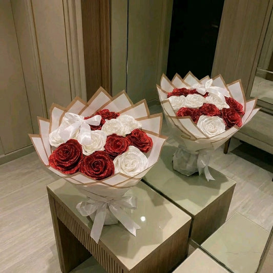 Eternal Red & White Silk Rose Bouquet with Bow Tie – Gift for Her | Handmade | Silk Ribbon Roses