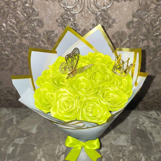 Eternal Lime Yellow Silk Rose Bouquet – Gift for Her | Handmade | Silk Ribbon Roses | With Accessories