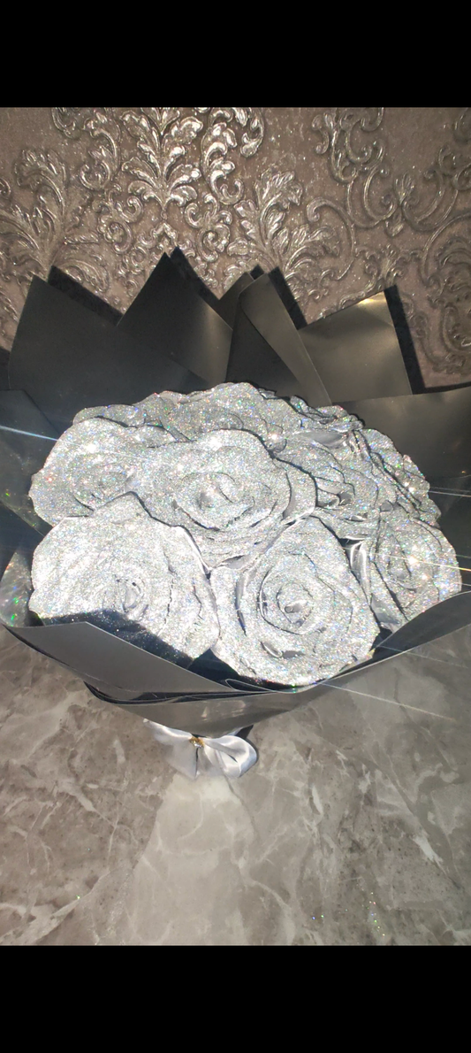 Eternal Silver Silk Rose Bouquet – Gift for Her | Handmade | Silk Ribbon Roses