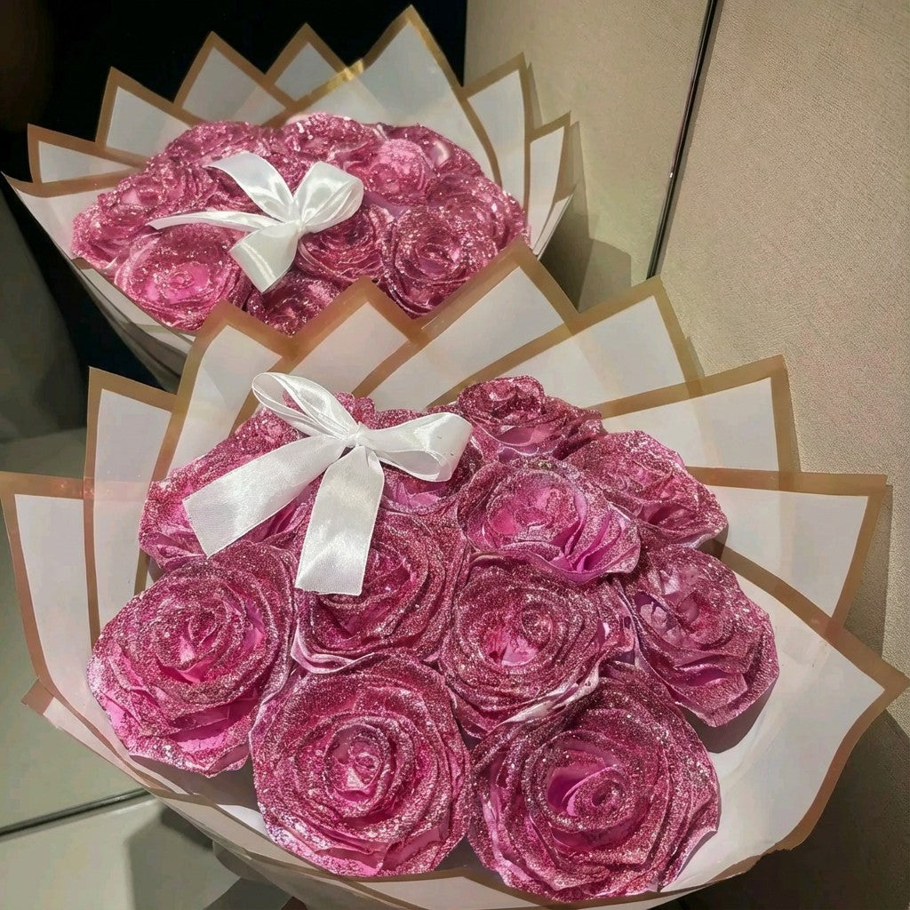 Eternal Pink Silk Rose Bouquet with Bow Tie – Gift for Her | Handmade | Silk Ribbon Roses
