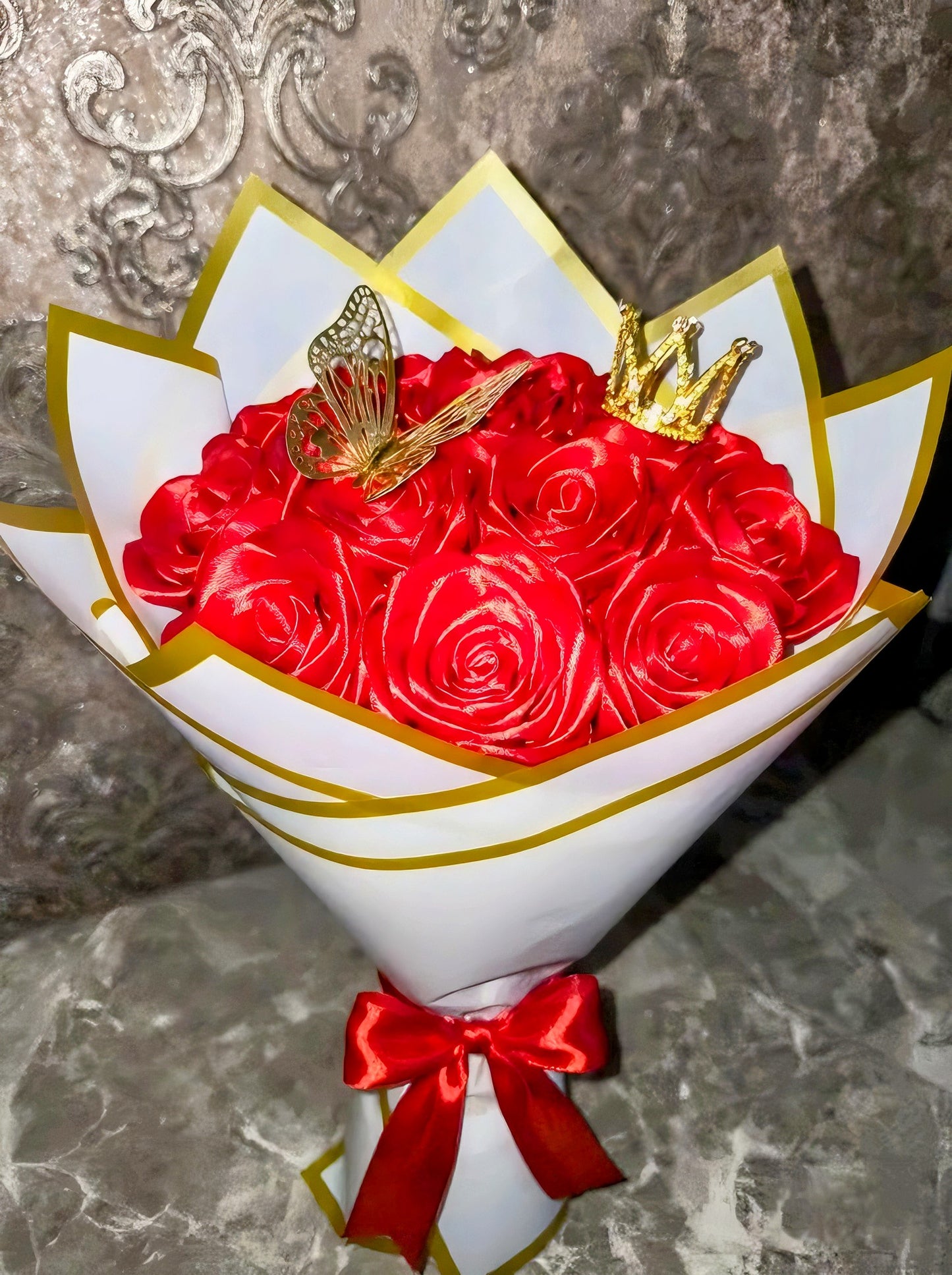 Eternal Red Silk Rose Bouquet – Gift for Her | Handmade | Silk Ribbon Roses | With Accessories