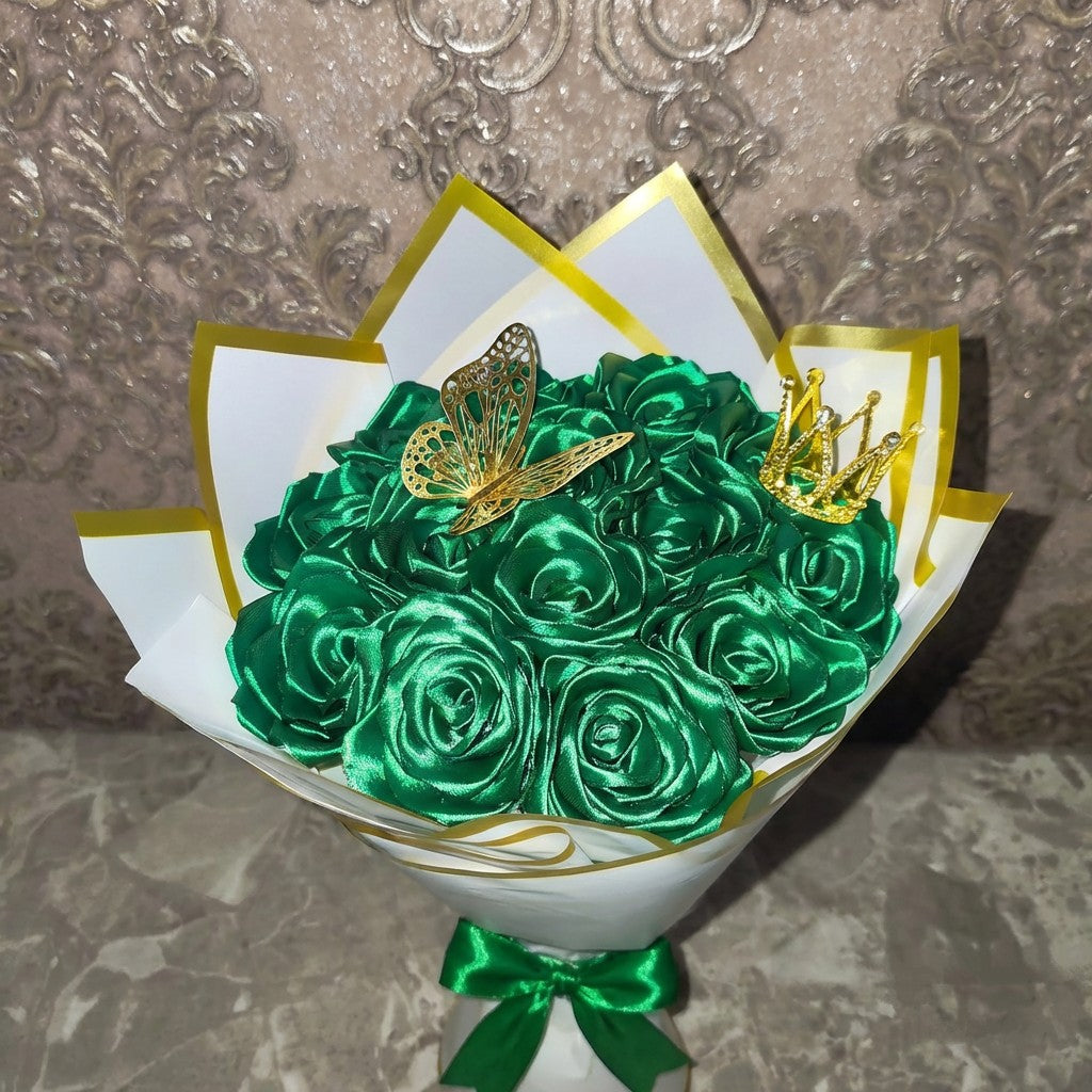 Eternal Green Silk Rose Bouquet – Gift for Her | Handmade | Silk Ribbon Roses | With Accessories
