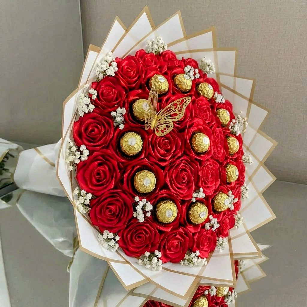 Eternal XXL 36 Red Silk Roses with 12 Chocolates Bouquet โ Gift for Her | Handmade | Silk Ribbon Roses