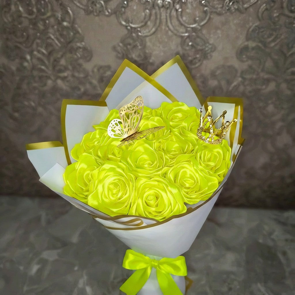 Eternal Lime Yellow Silk Rose Bouquet – Gift for Her | Handmade | Silk Ribbon Roses | With Accessories
