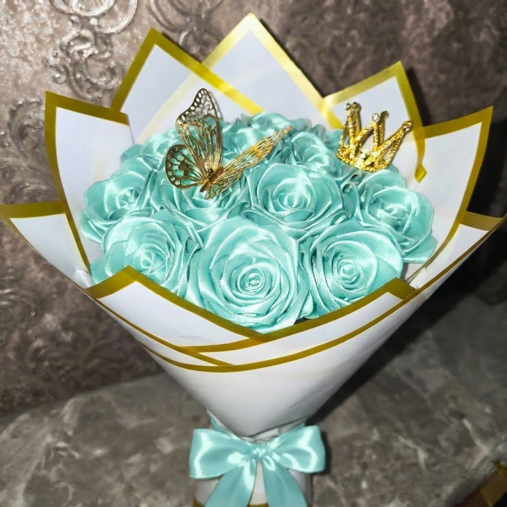Eternal Mint Green Silk Rose Bouquet – Gift for Her | Handmade | Silk Ribbon Roses | With Accessories