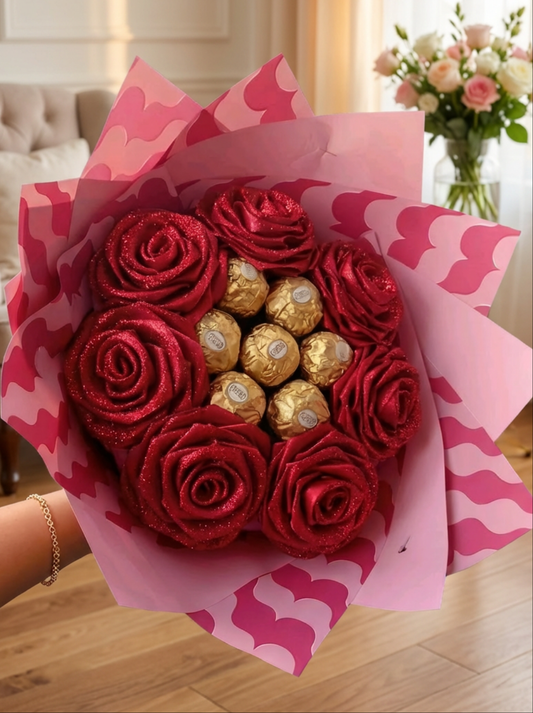 Eternal 7 Red Silk Roses with 7 Chocolates Bouquet – Gift for Her | Handmade | Silk Ribbon Roses