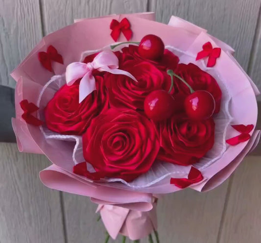 Eternal Cherry Red Silk Rose Bouquet – Gift for Her | Handmade | 7 Silk Ribbon Roses | With Accessories