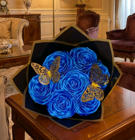 Eternal Blue Silk Rose Bouquet – Gift for Her | Handmade | Silk Ribbon Roses | With Accessories