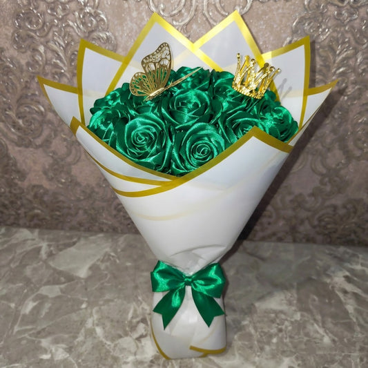 Eternal Green Silk Rose Bouquet – Gift for Her | Handmade | Silk Ribbon Roses | With Accessories