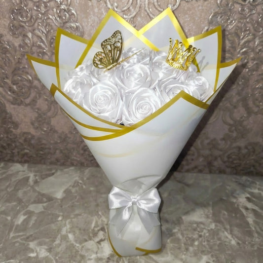 Eternal White Silk Bouquet – Gift for Her | Handmade | Silk Ribbon Roses | With Accessories