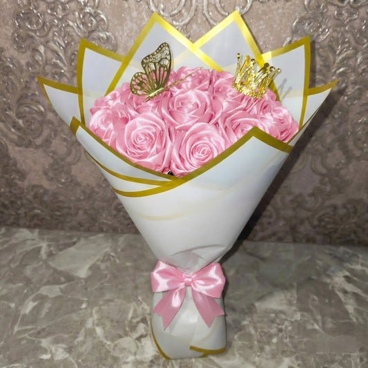 Eternal Pink Silk Rose Bouquet – Gift for Her | Handmade | Silk Ribbon Roses | With Accessories