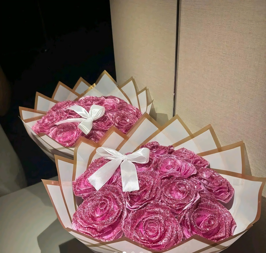 Eternal Pink Silk Rose Bouquet with Bow Tie – Gift for Her | Handmade | Silk Ribbon Roses