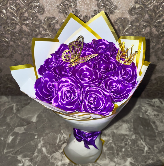Eternal Purple Silk Rose Bouquet – Gift for Her | Handmade | Silk Ribbon Roses | With Accessories