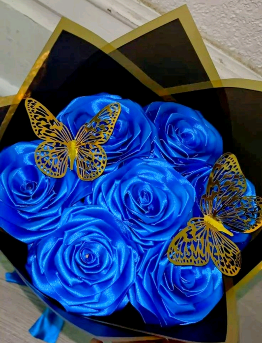 Eternal Blue Silk Rose Bouquet – Gift for Her | Handmade | Silk Ribbon Roses | With Accessories