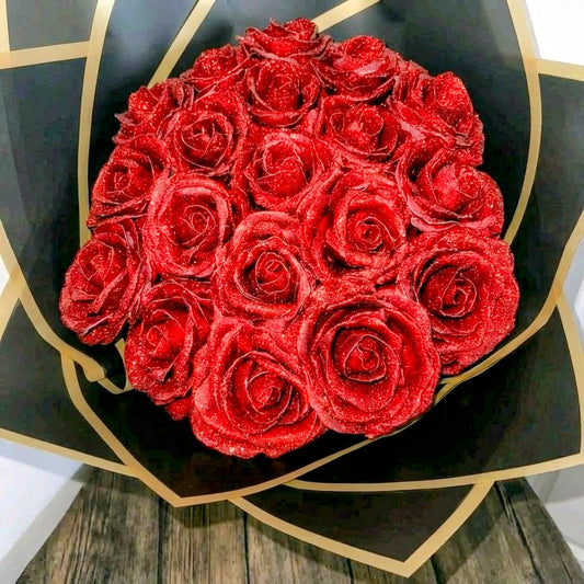 Eternal Red Satin Rose Bouquet – 19 Forever Roses Gift for Her | Anniversary, Valentines & Birthday Flowers | Silk Ribbon Glitter Roses