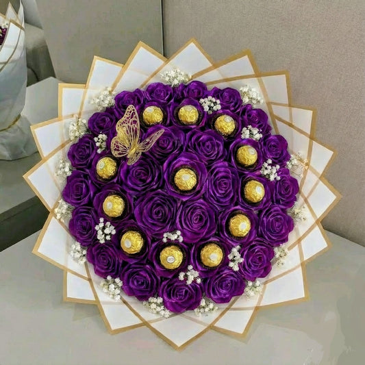 Eternal XXL 36 Purple Silk Roses with 12 Chocolates Bouquet – Gift for Her | Handmade | Silk Ribbon Roses
