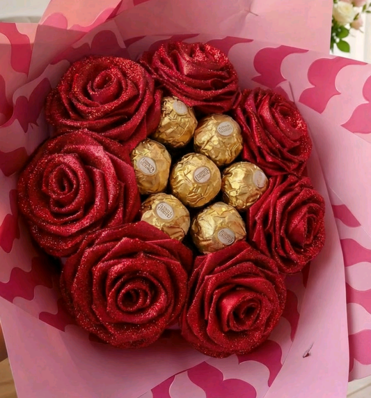 Eternal 7 Red Silk Roses with 7 Chocolates Bouquet – Gift for Her | Handmade | Silk Ribbon Roses