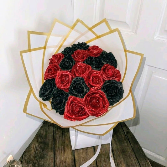 Eternal Red & Black Silk Rose Bouquet – Gift for Her | Handmade | Silk Ribbon Roses