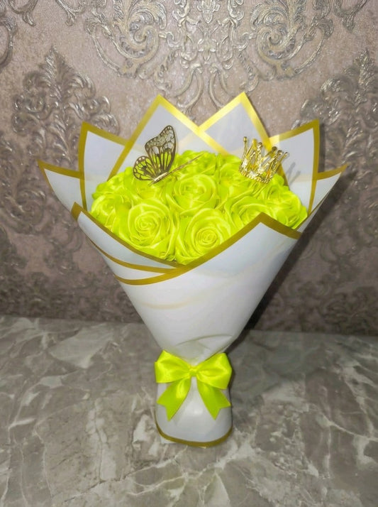 Eternal Lime Yellow Silk Rose Bouquet – Gift for Her | Handmade | Silk Ribbon Roses | With Accessories