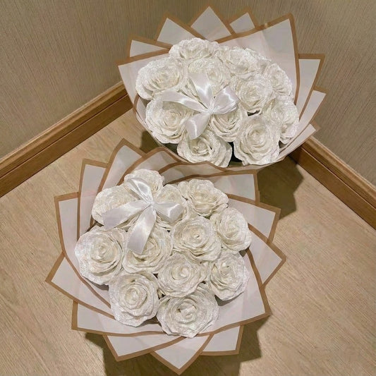 Eternal Ivory Silk Rose Bouquet with Bow Tie – Gift for Her | Handmade | Silk Ribbon Roses