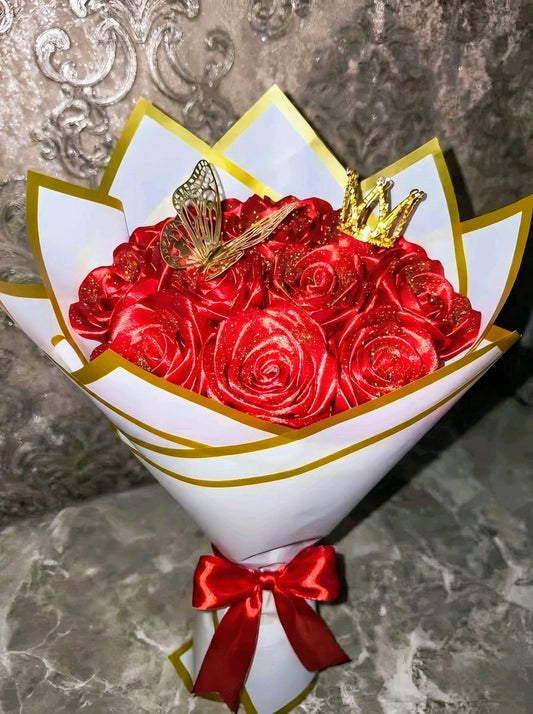 Eternal Red Silk Rose Bouquet – Gift for Her | Handmade | Silk Ribbon Roses | With Accessories