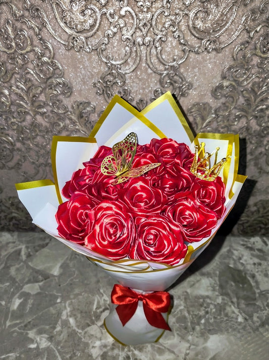 Eternal Red Silk Rose Bouquet – Gift for Her | Handmade | Silk Ribbon Roses | With Accessories