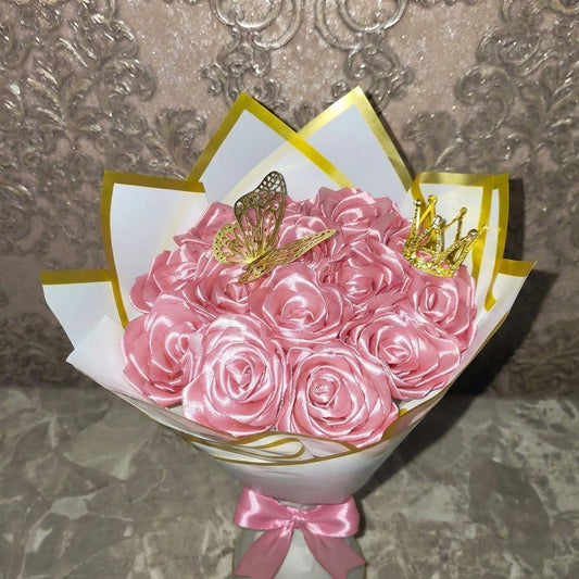 Eternal Pink Silk Rose Bouquet – Gift for Her | Handmade | Silk Ribbon Roses | With Accessories