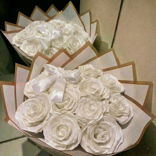 Eternal Ivory Silk Rose Bouquet with Bow Tie – Gift for Her | Handmade | Silk Ribbon Roses