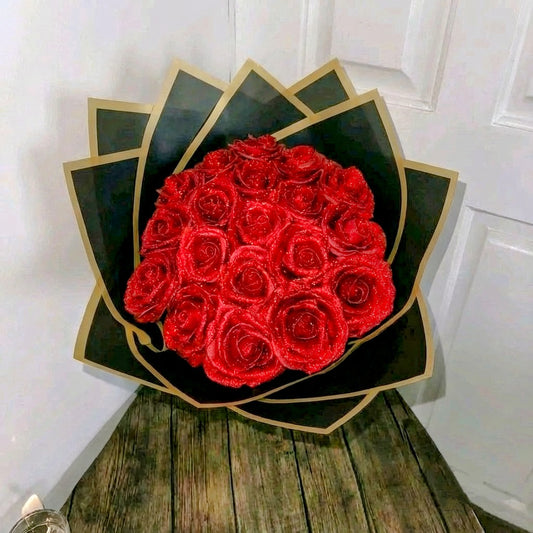 Eternal Red Satin Rose Bouquet – 19 Forever Roses Gift for Her | Anniversary, Valentines & Birthday Flowers | Silk Ribbon Glitter Roses