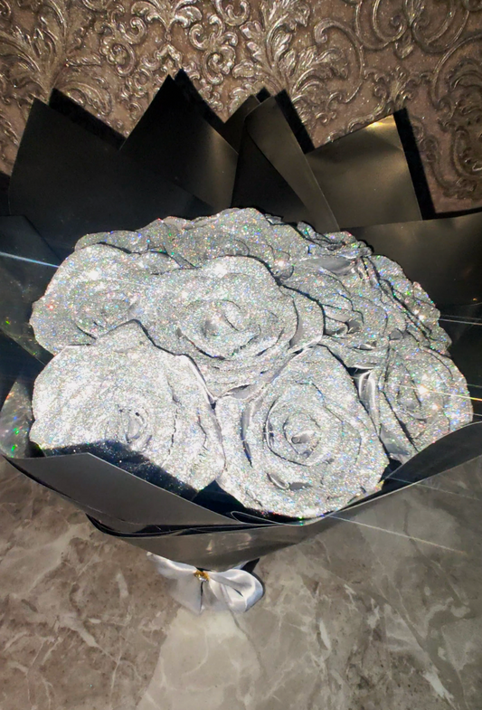 Eternal Silver Silk Rose Bouquet – Gift for Her | Handmade | Silk Ribbon Roses