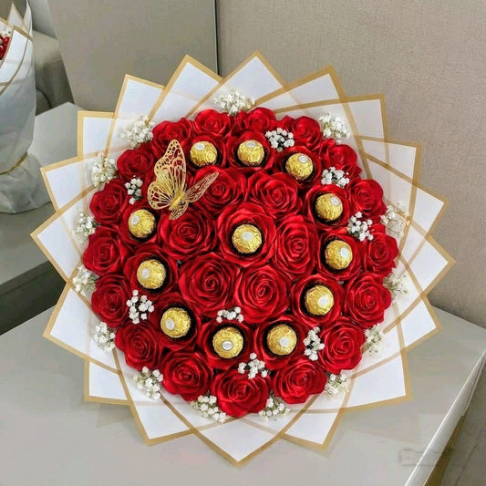 Eternal XXL 36 Red Silk Roses with 12 Chocolates Bouquet – Gift for Her | Handmade | Silk Ribbon Roses