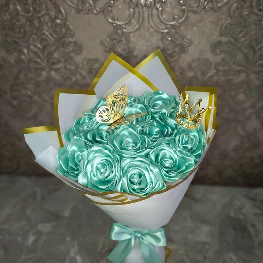 Eternal Mint Green Silk Rose Bouquet – Gift for Her | Handmade | Silk Ribbon Roses | With Accessories